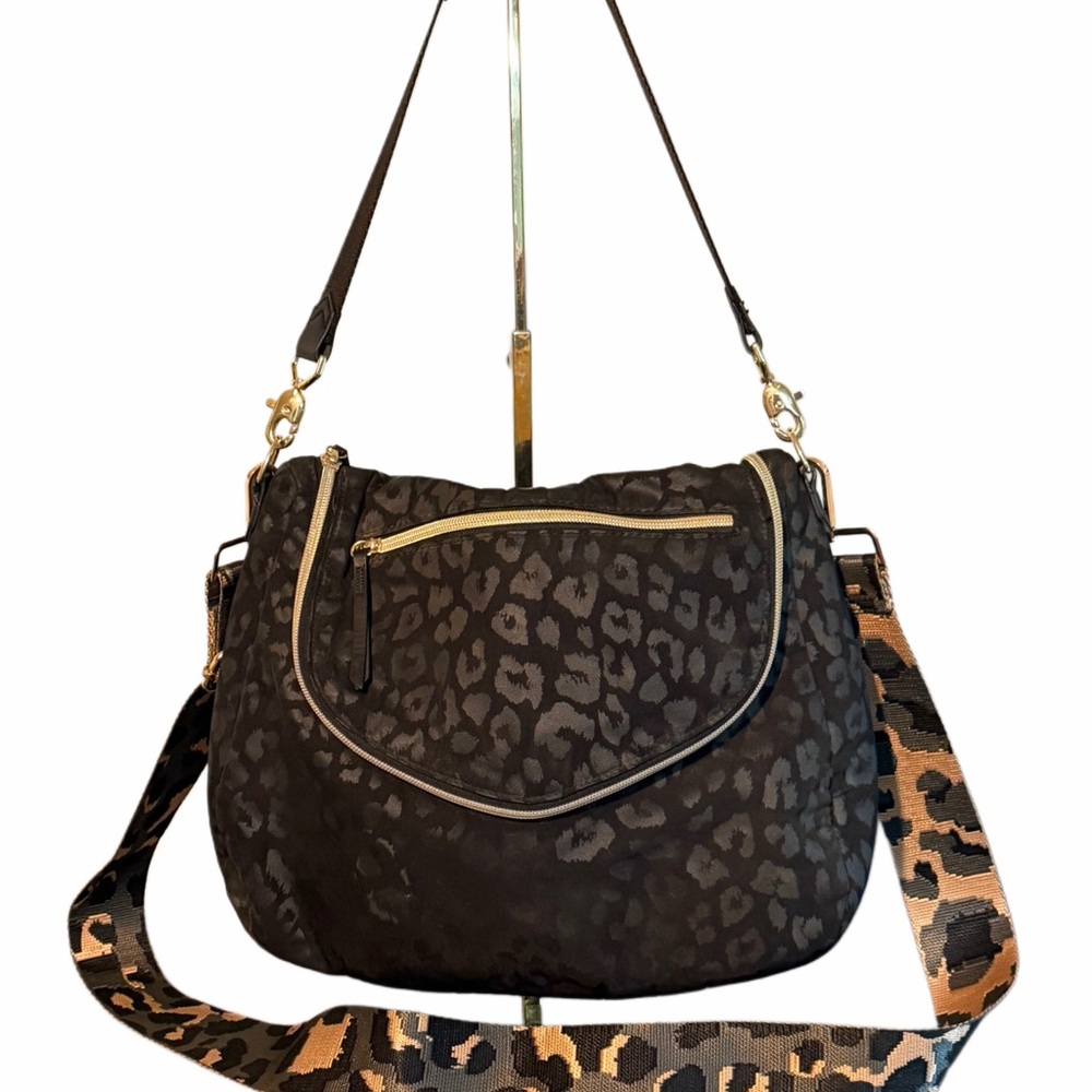 Black Leopard-Print Crossbody Bag with Removable Hand Strap And Guitar Strap